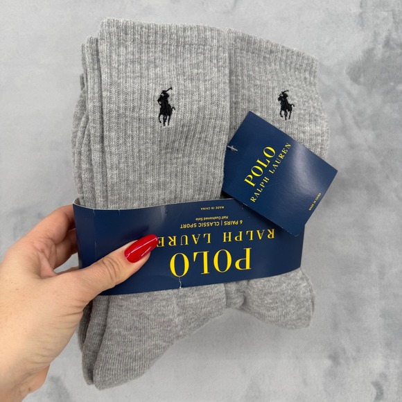Polo Ralph Lauren Men Gray Classic Sport 6 Pair Crew Socks Half Cushioned Sole - Picture 6 of 6